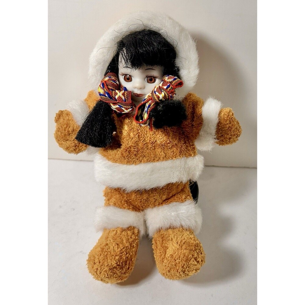 Arctic Circle Eskimo Girl Doll 8” Soft Toy Beanie Black Hair Ceramic Head